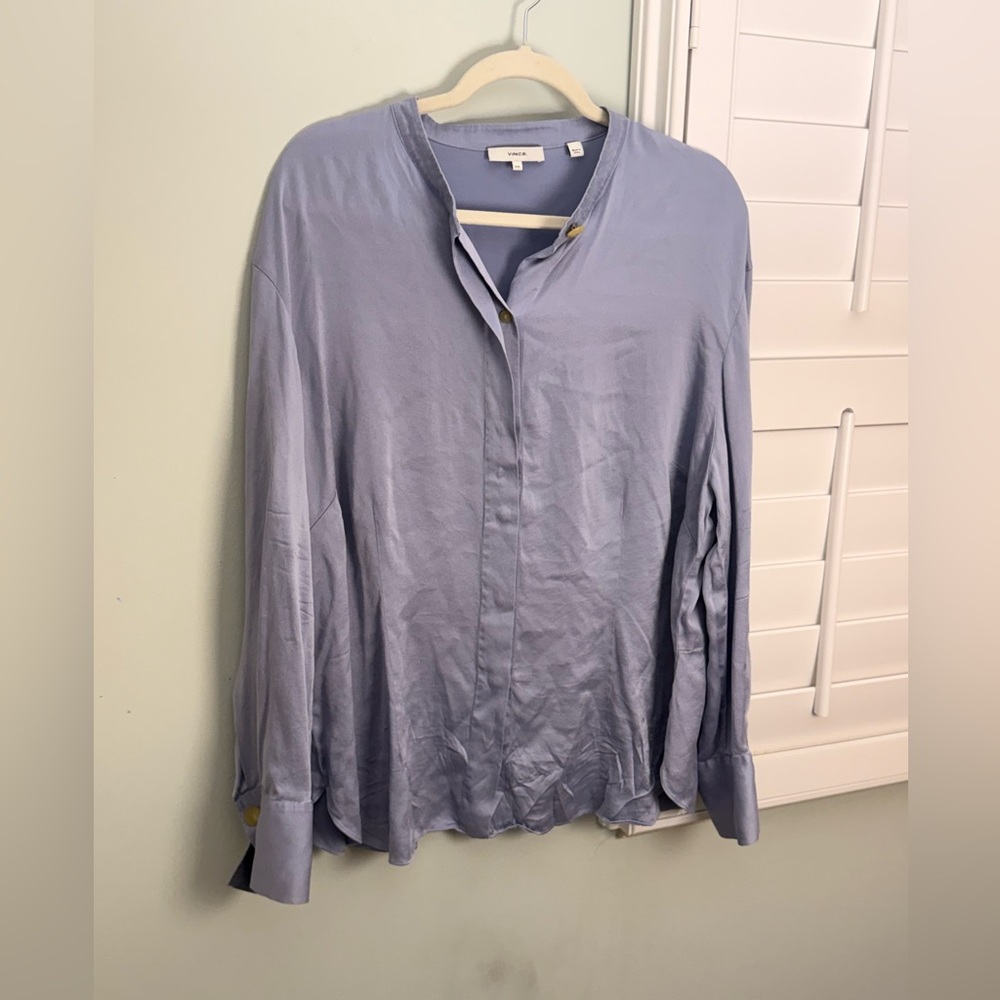 Vince 100% Silk Blouse Blue Gray Long Sleeve XL